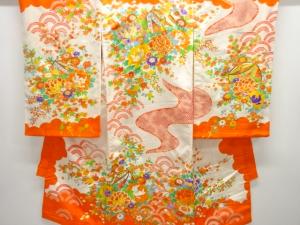 アンティーク　花に糸巻き模様刺繍着物